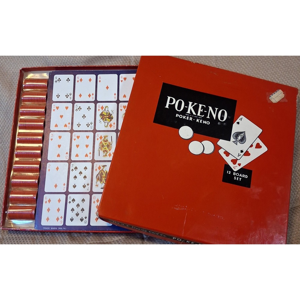 Vintage Po-Ke-No Poker Keno Game 12 Board Set US Playing Card Co Red Box Chips